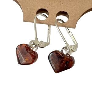 Baltic Amber Earrings Heart Shaped Golden Brown Polished (E453)